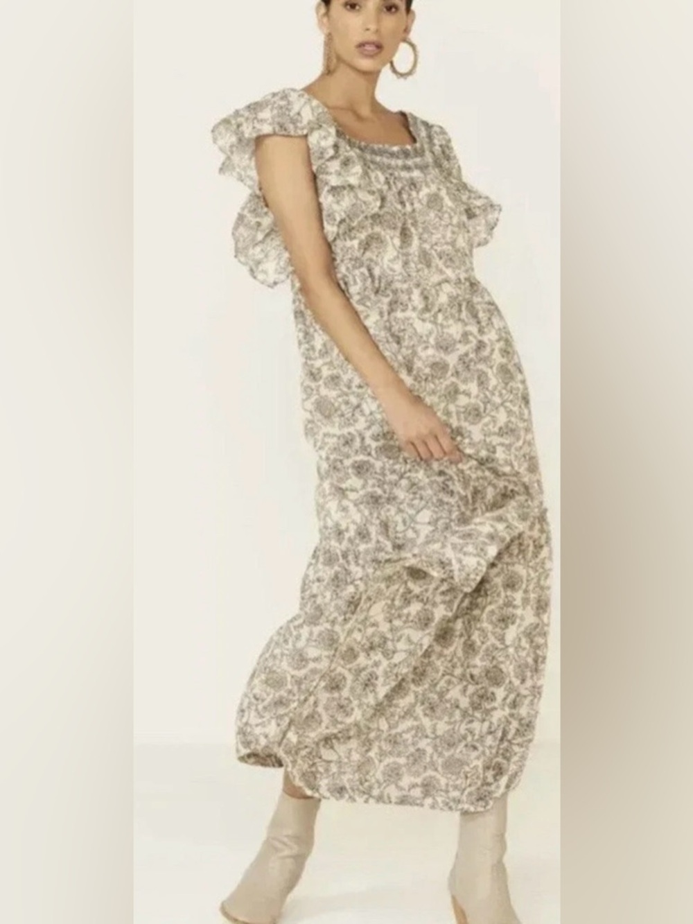 Free People Cream Maxi Dress with Brown Floral Print
